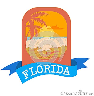 Emblem logo for vacation in Florida with sea and waves. Palm silhouette in orange colours. Stock Photo