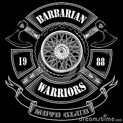 Emblem of the motorcycle club, motorcycle wheel and the crossed axes of the Vikings Vector Illustration