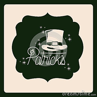 Emblem patricks text with top hat in green color silhouette Vector Illustration