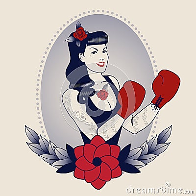 Emblem of pinup boxing girl, with flowers, tattoos and boxing gloves. Retro style. Vector Illustration