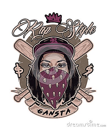 Emblem with pretty hip hop swag girl face Vector Illustration