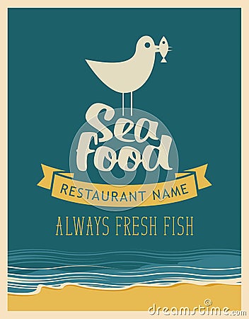 Emblem seafood with seagull with fish in its beak Vector Illustration