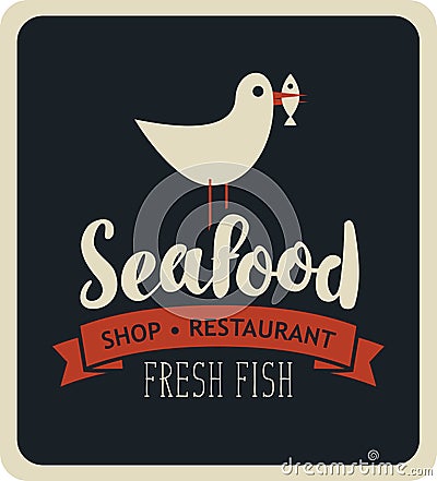 Emblem seafood with seagull with fish in its beak Vector Illustration