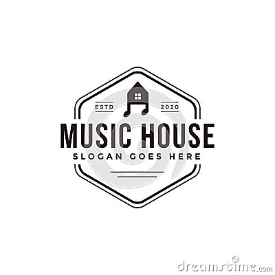 Emblem seal badge Music house logo template vector, house and musical note symbol logo icon Vector Illustration