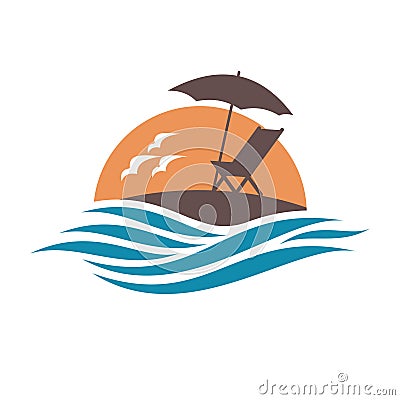 Emblem of summer vacation with reclining chair and umbrella on island. Vector Illustration