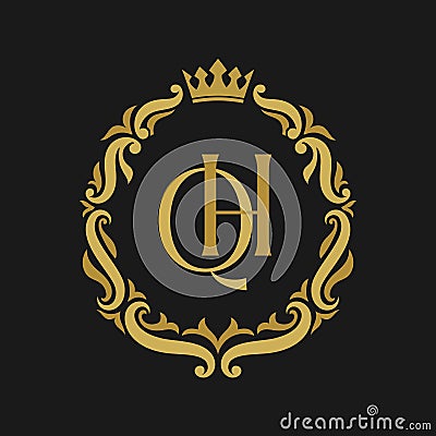 QH Letter gold floral vintage logo template. Vector Illustration