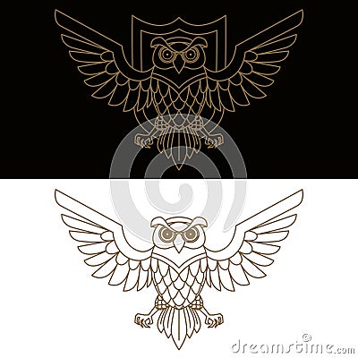 Emblem template with owl in golden style. Design elements for logo, label, sign, menu Vector Illustration