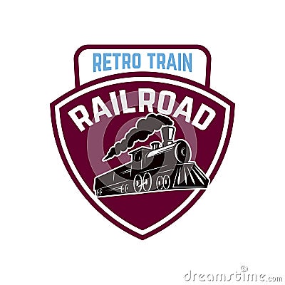 Emblem template with retro train. Rail road. Locomotive. Design element for logo, label, emblem, sign. Vector Illustration