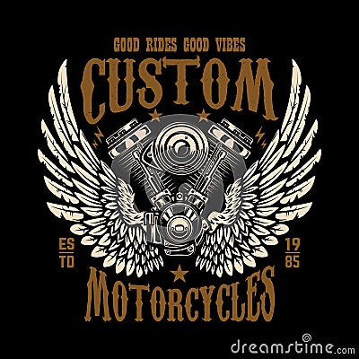 Emblem template with winged motorcycle motor. Design element for poster, logo, label, sign, t shirt. Vector Illustration