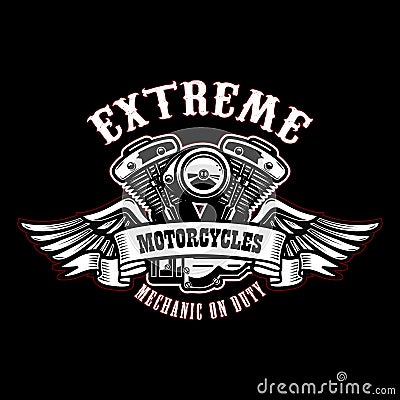 Emblem template with winged motorcycle motor. Design element for poster, logo, label, sign, t shirt. Vector Illustration