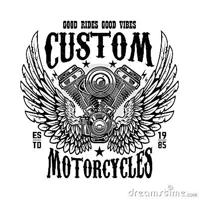 Emblem template with winged motorcycle motor. Design element for poster, logo, label, sign, t shirt Vector Illustration