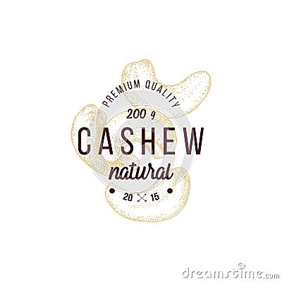 Emblem with type design and hand drawn cashew nuts Vector Illustration