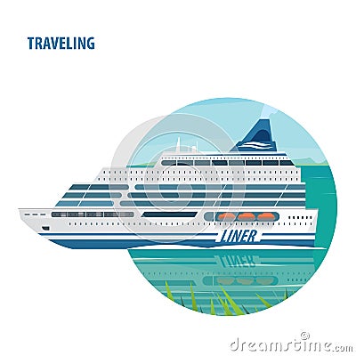 Emblem on white background with cruise liner Vector Illustration