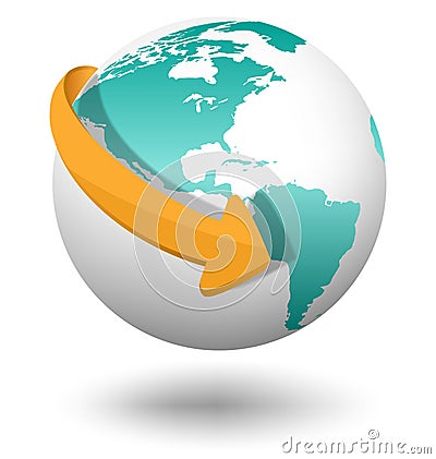 Emblem with white globe and orange arrow isolated on white Vector Illustration