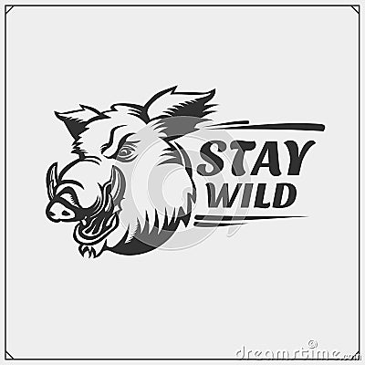 Emblem with wild boar for sport club. Print design for t-shirt. Vector Illustration