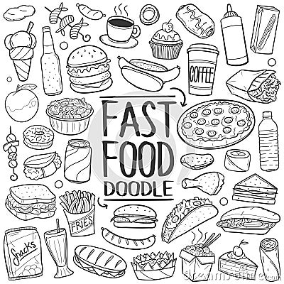 Fast Food Traditional Doodle Icons Sketch Hand Made Design Vector Vector Illustration