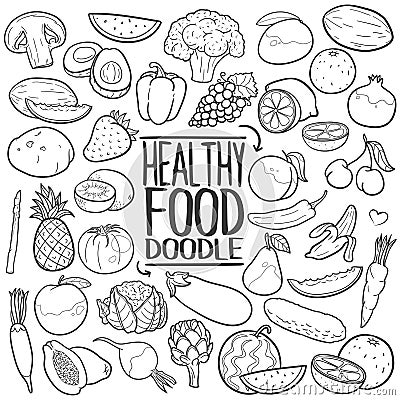 Healthy Food Traditional doodle icon hand draw set Vector Illustration