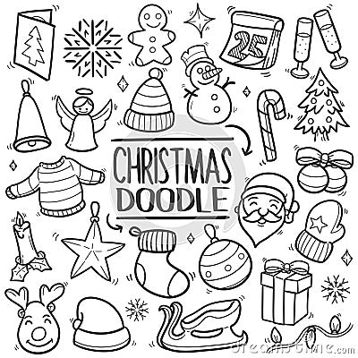 Merry Christmas Traditional doodle icon hand draw set Vector Illustration