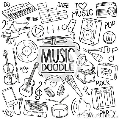 Music Tools Traditional doodle icon hand draw set Vector Illustration