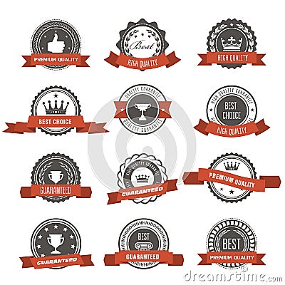 Emblems, badges and stamps with ribbons - awards and seals Vector Illustration
