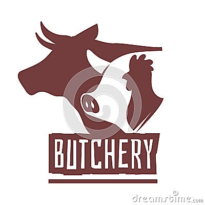 Emblems butcher. Butchery shop labels, domestic animals silhouette and text. Cow pig and rooster heads. Meat market logo Vector Illustration