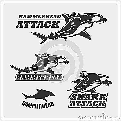 The emblems with hammerhead shark for a sport team. Vector Illustration