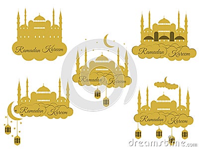 Emblems for islamic holiday Ramadan. Ramadan Kareem, blue mosque, minaret, lantern and moon, muslim holiday lights. Vector Illustration