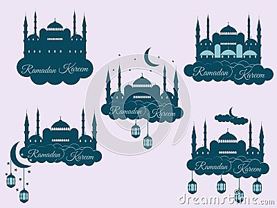 Emblems for islamic holiday Ramadan. Ramadan Kareem, blue mosque, minaret, lantern and moon, muslim holiday lights. Vector Illustration