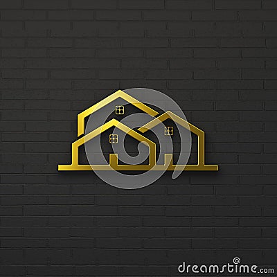 Luxurious golden houses real estate logo on a black brick background Stock Photo