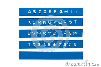 Embossed alphabet on blue plastic tape Stock Photo