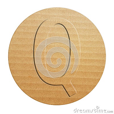 Embossed cardboard letter Q, 3 d illustration , circle shape eco friendly alphabet Cartoon Illustration