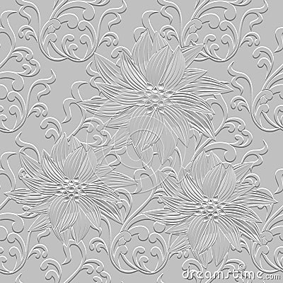 Embossed floral Baroque line art 3d seamless pattern. Leafy relief background. Repeat textured white backdrop. Surface old style Vector Illustration