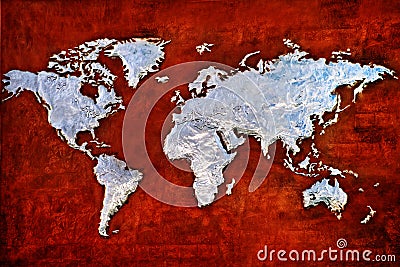 Embossed metal relief of the world map Stock Photo