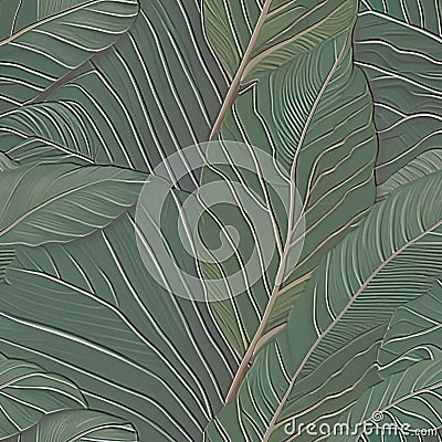 Embossed tropical leafy 3d pattern. Tropic green leaves relief background. Textured grunge backdrop. Surface emboss leaves. 3d Vector Illustration