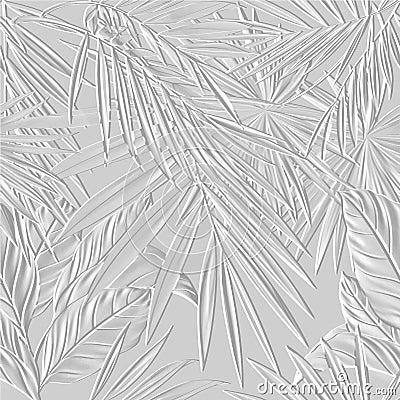 Embossed tropical palm leaves 3d seamless pattern. Tropic leaves relief white background. Repeat textured backdrop. Surface emboss Vector Illustration