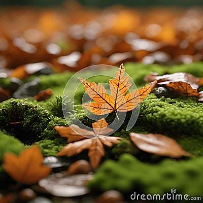 The forest floor is a mosaic of vibrant leaves and patches of lively green moss. Stock Photo