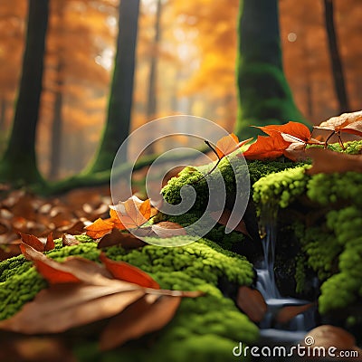 Autumn's touch adorns the forest with vibrant leaves and patches of lively green moss. Stock Photo