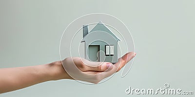 affordable housing dream: hand holding paper house on light background, Generative AI Stock Photo