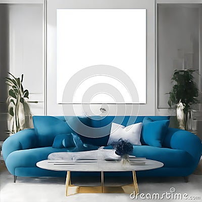 Embrace Elegance: Luxurious Blue Sofa Frame Mockup for Interior Design Stock Photo