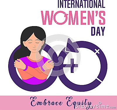 International Women's Day, campaign theme - Embrace equity. A lady bracing herself through a gender circle symbol. Vector Illustration