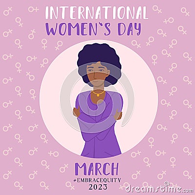 Embrace equity black woman embrace yourself 2023 purple square illustration. International womens day concept, self love Vector Illustration