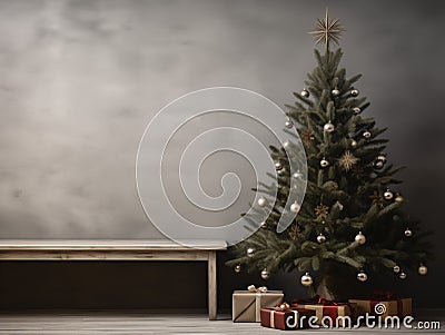 A christmas tree with ornaments and presents in front of a grey wall. Copy space, place for text Stock Photo