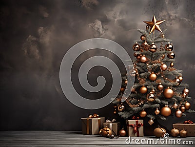 A christmas tree with ornaments and presents in front of a grey wall. Copy space, place for text Stock Photo