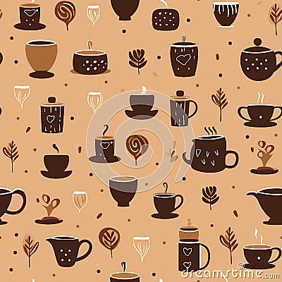 Cozy Coffee Love: Warm Monochromatic Seamless Pattern of Coffee Elements Stock Photo
