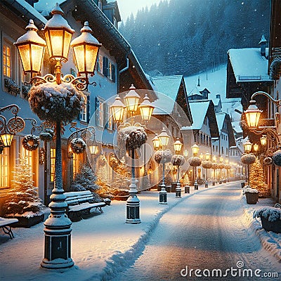 Snowy Nostalgia: Quaint Homes and Vintage Street Lamps Stock Photo