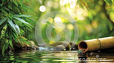 Embrace the organic beauty of bamboo with our Bamboo Groove scene highlighting a lush green forest and tranquil water Stock Photo