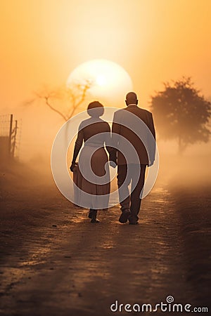 mature black couple. sunset rural road. back view, rear view, full view. Stock Photo