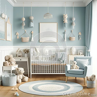 Serenity in slumber: powder blue nursery with plush comforts Stock Photo