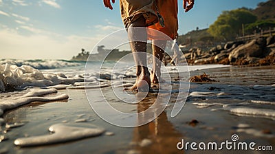 Footprints in the Sand: Tranquil Barefoot Beach Stroll Stock Photo