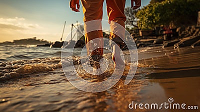 Footprints in the Sand: Tranquil Barefoot Beach Stroll Stock Photo